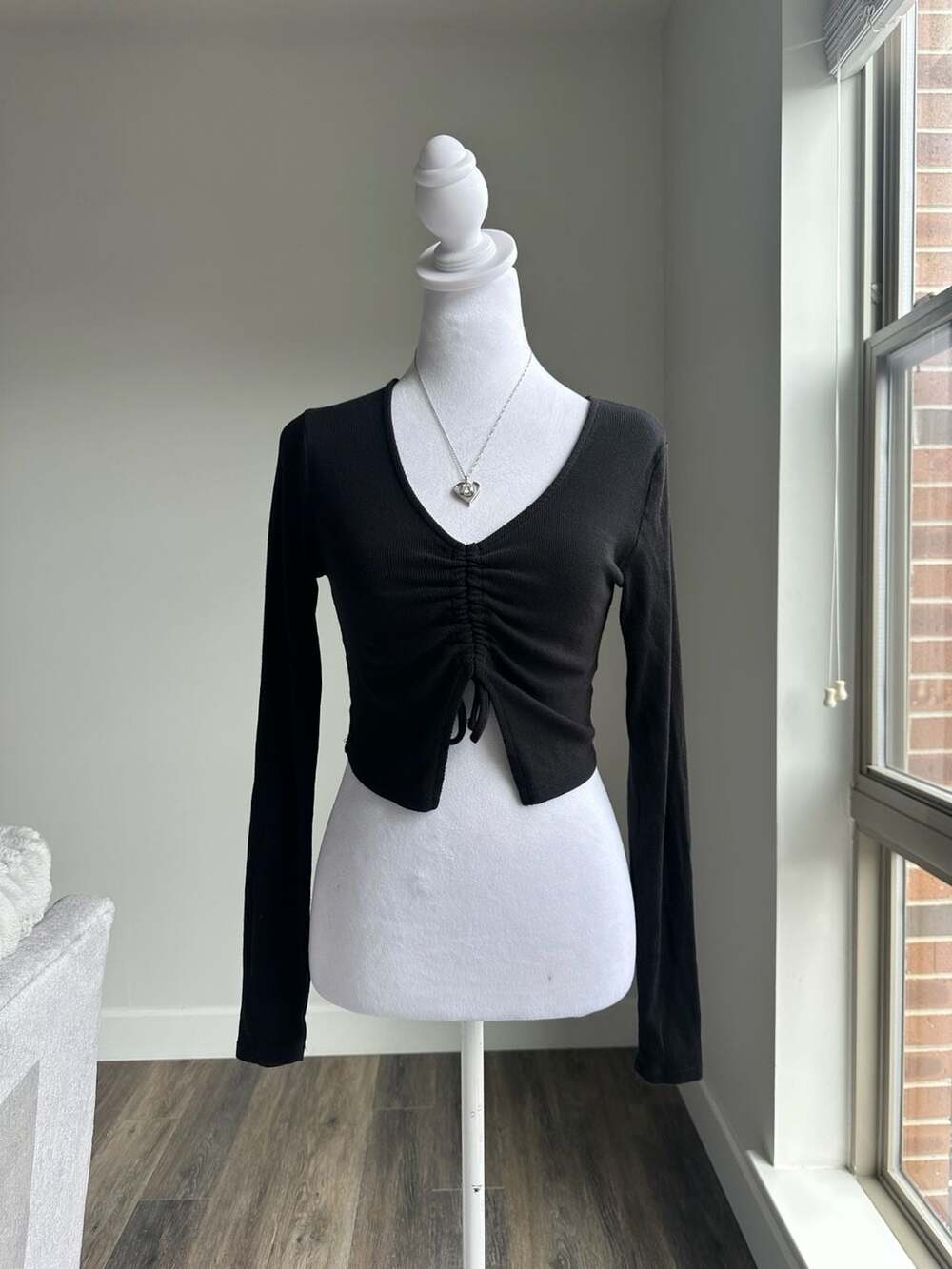 Garage Black Ruched Front Ribbed Knit Long Sleeve Top Size M